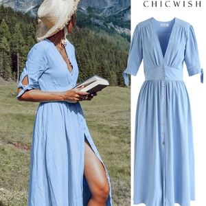 Summer Edition Button Down V-Neck Dress in Blue